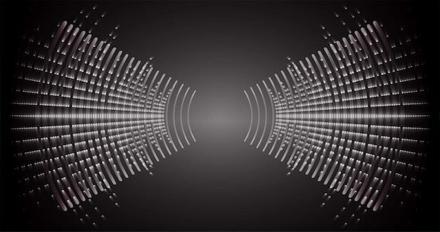 A diagram illustrating how spatial audio creates a 3D soundscape using multiple speakers and head-tracking technology. Sound waves are shown emanating from different points in space.