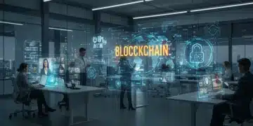 Futuristic digital newsroom with blockchain elements and collaborative journalists