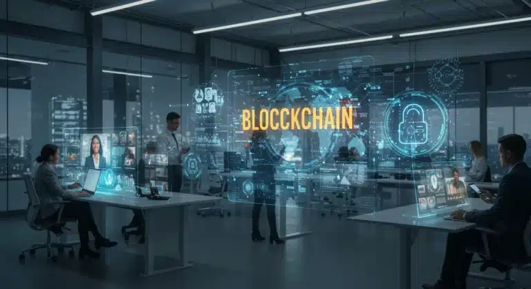 Futuristic digital newsroom with blockchain elements and collaborative journalists