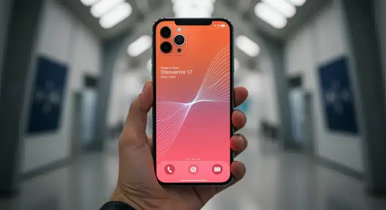 Futuristic iPhone 17 glowing screen displaying advanced features, held by a user in the United States.