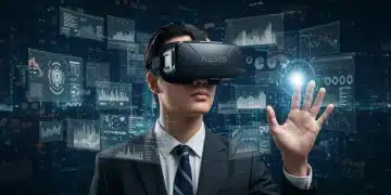 Journalist exploring metaverse investment trends in 2025 with VR headset