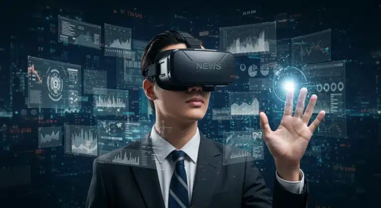Journalist exploring metaverse investment trends in 2025 with VR headset