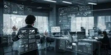 Futuristic newsroom with journalists collaborating with AI interfaces