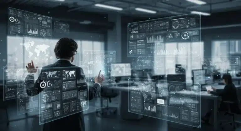 Futuristic newsroom with journalists collaborating with AI interfaces
