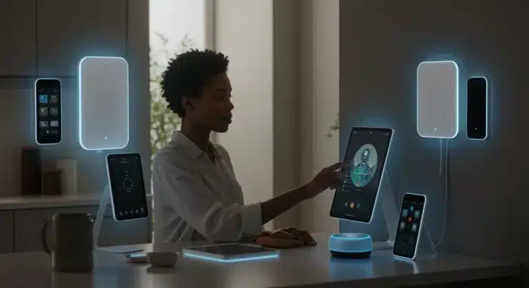 Futuristic AI gadgets enhancing productivity in a modern US home