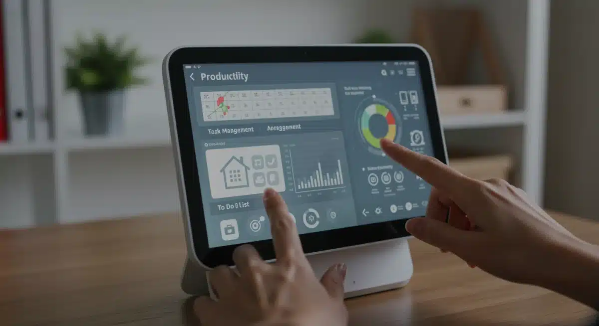 AI-powered smart home hub displaying productivity metrics and task management