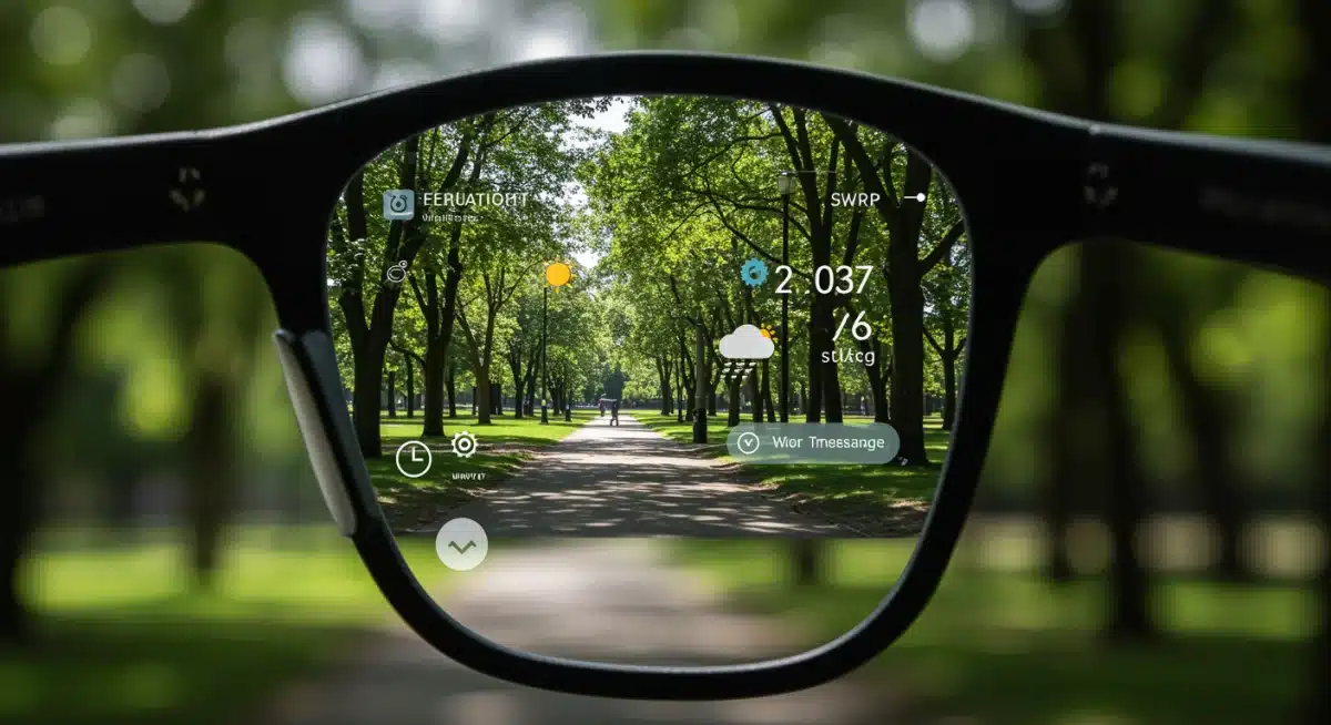 Augmented reality glasses lens displaying integrated digital information over a real-world park view.