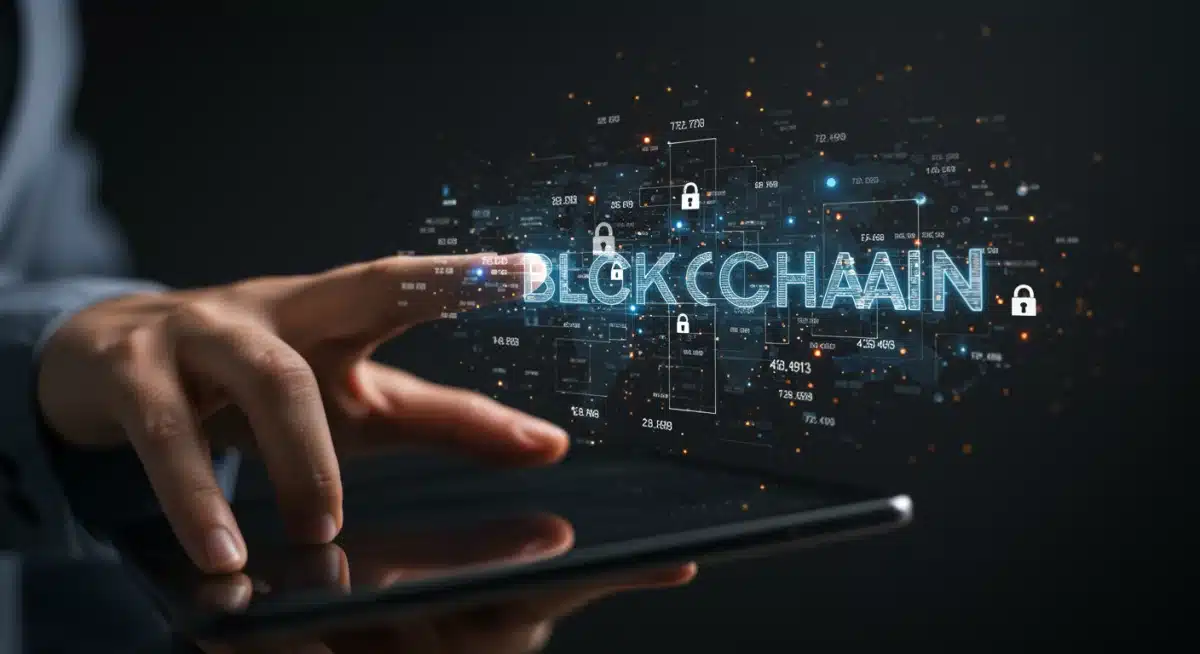 Digital ledger showing secure, timestamped blockchain data for journalistic verification