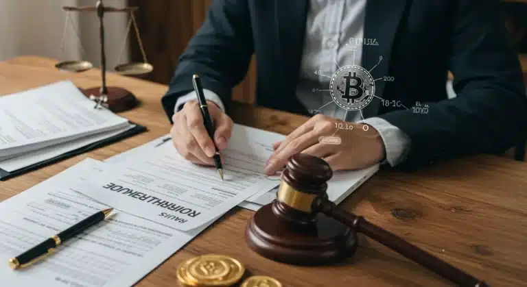 Journalist analyzing crypto legal documents, blockchain news