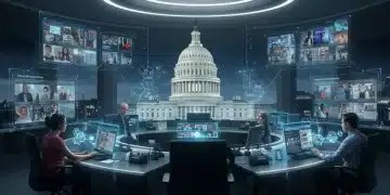 Futuristic newsroom with blockchain elements and U.S. Capitol, depicting decentralized news regulation by mid-2025.