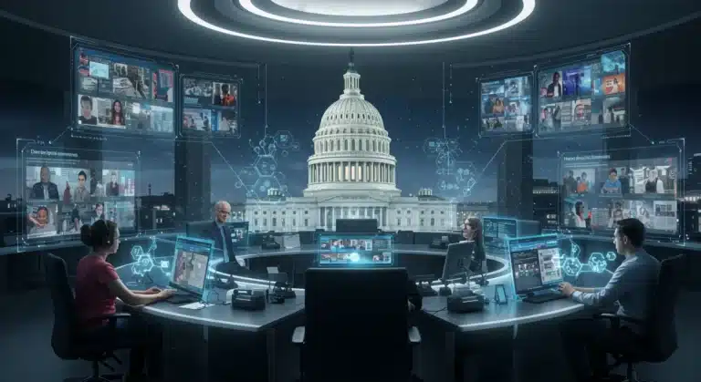Futuristic newsroom with blockchain elements and U.S. Capitol, depicting decentralized news regulation by mid-2025.