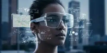 Futuristic individual wearing augmented reality glasses interacting with holographic digital content in an urban environment.
