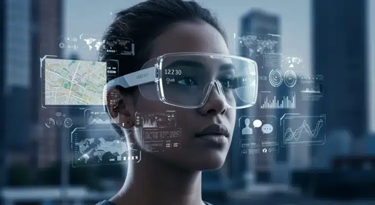 Futuristic individual wearing augmented reality glasses interacting with holographic digital content in an urban environment.