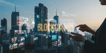 Futuristic blockchain news network cityscape journalist