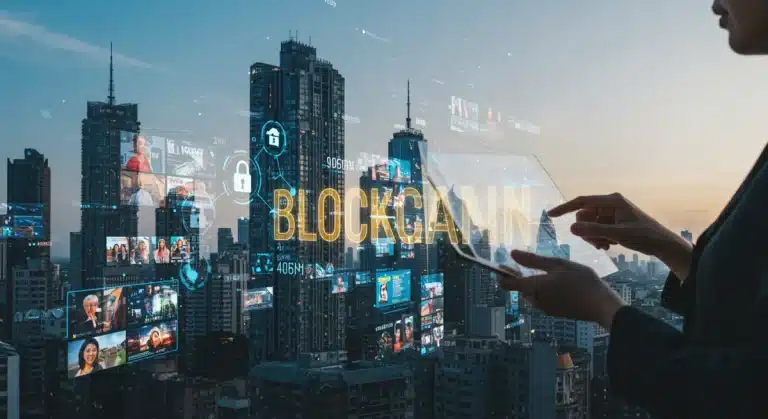 Futuristic blockchain news network cityscape journalist