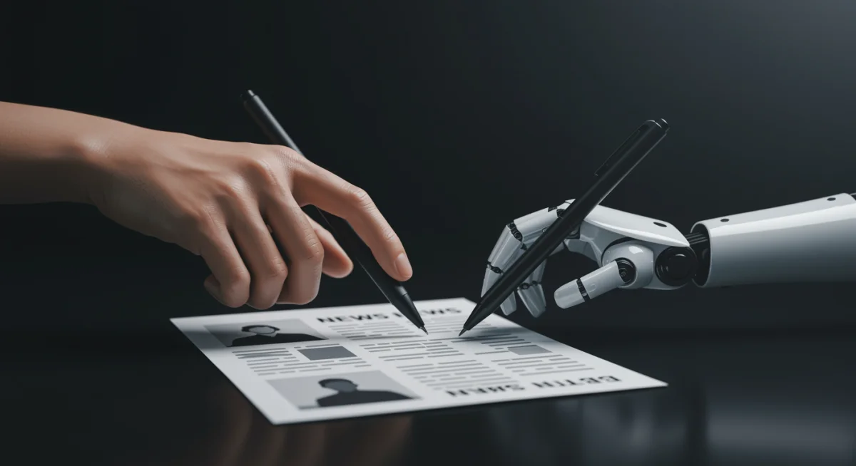 Human hand guiding an AI robot arm writing a news article, symbolizing ethical control in journalism