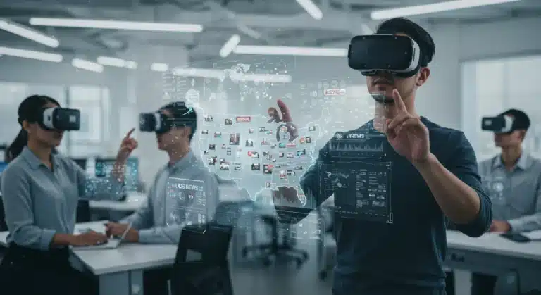 Journalists using immersive tech for news delivery in a modern newsroom