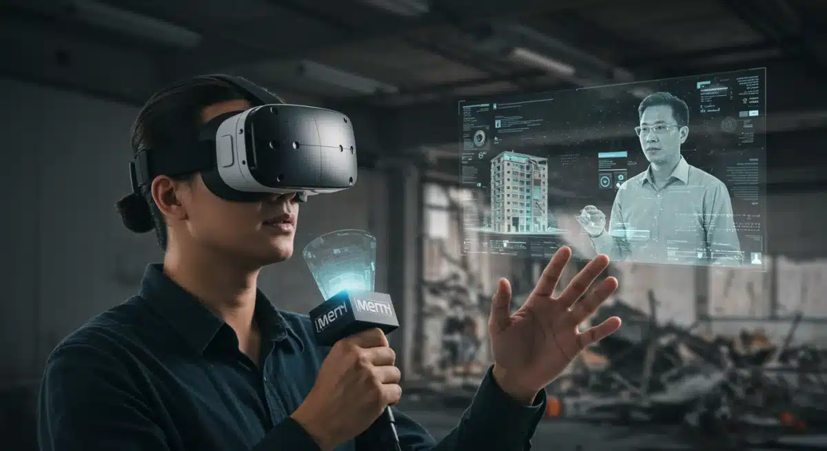 Journalist using VR/AR headset to report from a virtual disaster zone