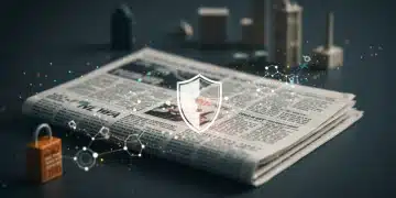 Digital newspaper with blockchain connections, symbolizing enhanced journalistic integrity through NFTs in the US.