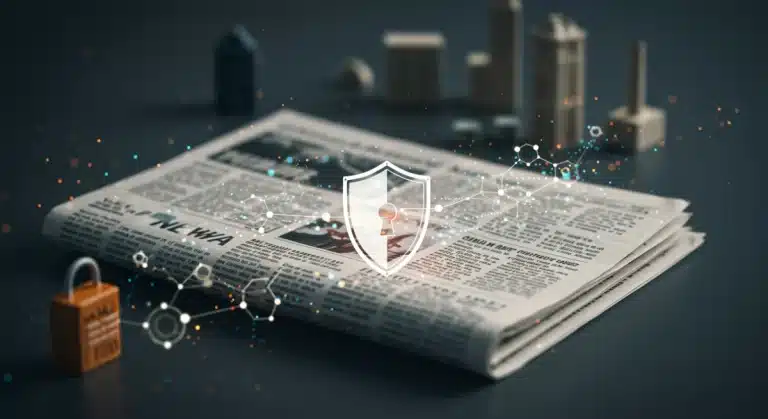 Digital newspaper with blockchain connections, symbolizing enhanced journalistic integrity through NFTs in the US.