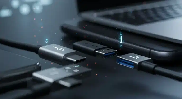 USB-C ports on various devices, illustrating universal connectivity and future technology.