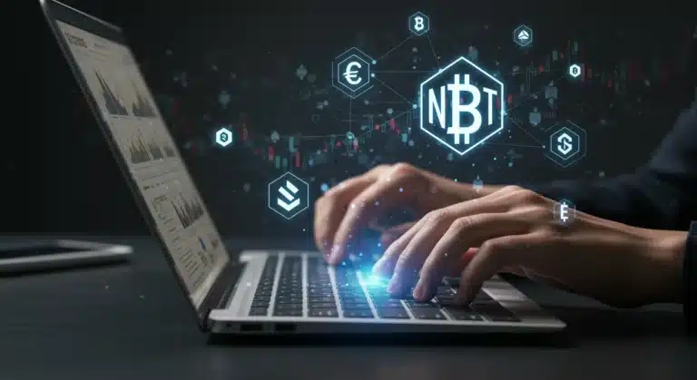 Futuristic crypto journalist monetizing content with NFT subscriptions