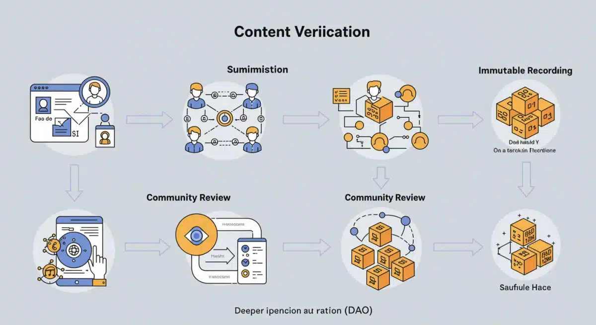 Infographic detailing the content verification workflow within a decentralized news DAO, showing community review and blockchain recording.