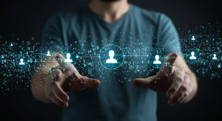 Decentralized news network with interconnected nodes and data streams, illustrating efficient content verification.