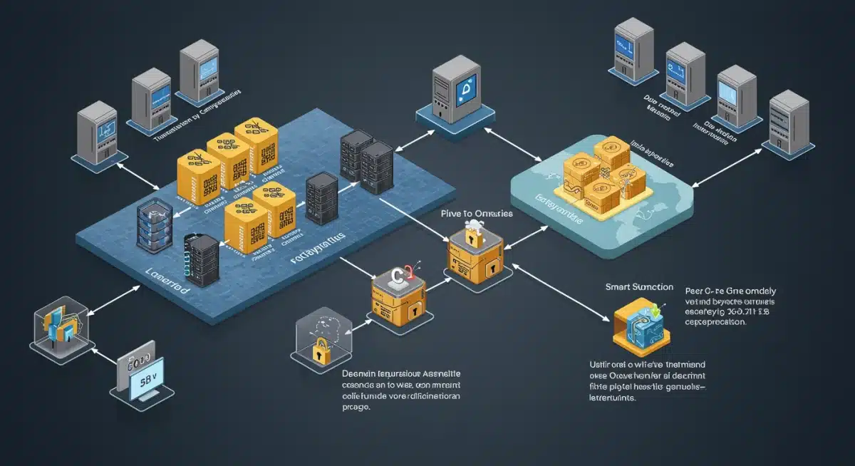 Infographic showing decentralized news node architecture with peer-to-peer networks and smart contracts.