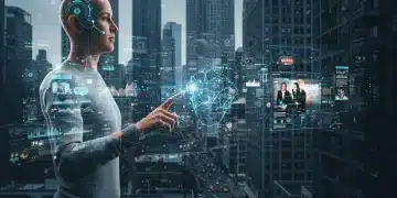 Futuristic user consuming news via bio-integrated interface in urban setting