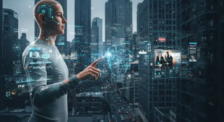 Futuristic user consuming news via bio-integrated interface in urban setting