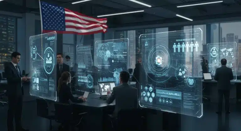 Futuristic newsroom with blockchain fact-checking interfaces for decentralized news in the US