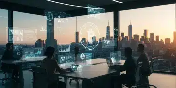 Futuristic digital newsroom with holographic interfaces and blockchain symbols in a U.S. city.