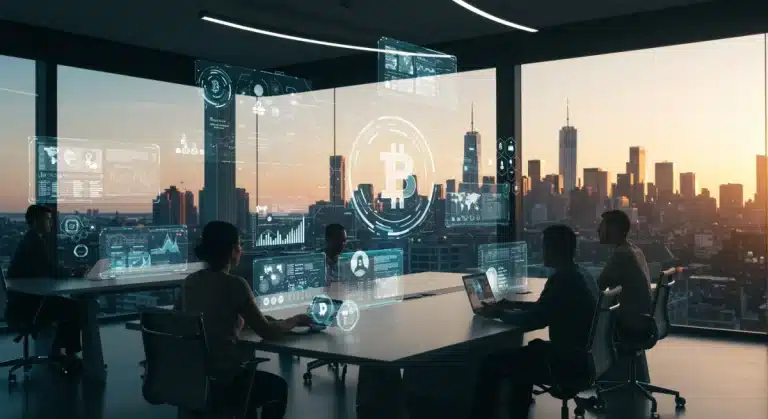 Futuristic digital newsroom with holographic interfaces and blockchain symbols in a U.S. city.
