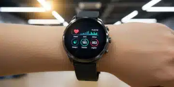 Wearable Tech 2026: Optimize Health & Sleep by 20% Futuristic smartwatch displaying health metrics and sleep data on a wrist