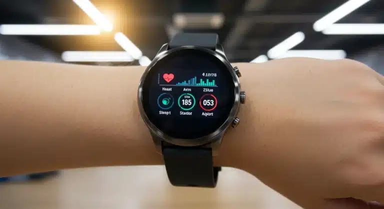 Futuristic smartwatch displaying health metrics and sleep data on a wrist