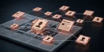 Futuristic digital newspaper with blockchain tokens, symbolizing tokenized content models and new revenue streams in US media.