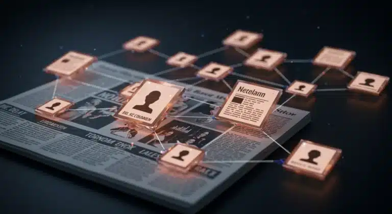 Futuristic digital newspaper with blockchain tokens, symbolizing tokenized content models and new revenue streams in US media.