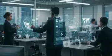 Futuristic newsroom with blockchain displays for Web3 journalism