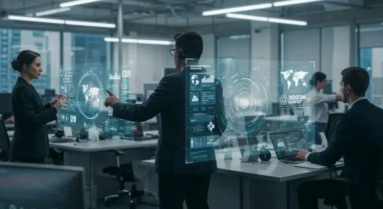 Futuristic newsroom with blockchain displays for Web3 journalism