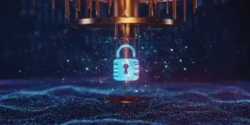Quantum computing affecting data security, futuristic digital padlock scene