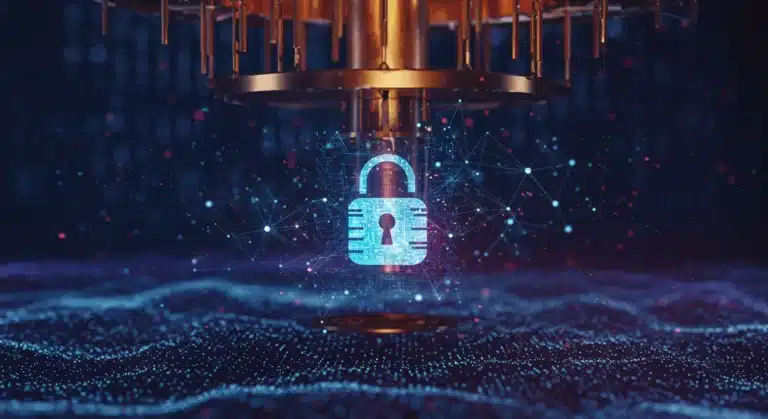 Quantum computing affecting data security, futuristic digital padlock scene