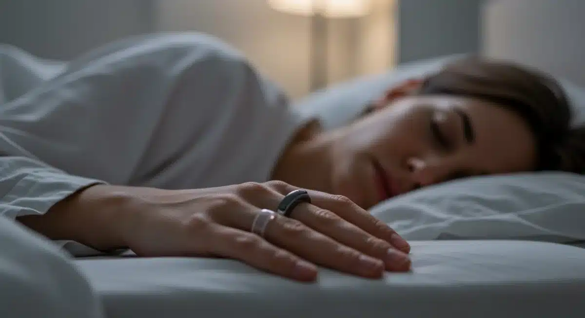 Person sleeping with a discreet sleep tracking ring on their finger