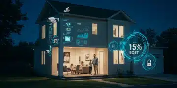 Futuristic smart home protected by advanced security systems in 2025, showing a 15% performance increase.