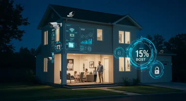 Futuristic smart home protected by advanced security systems in 2025, showing a 15% performance increase.
