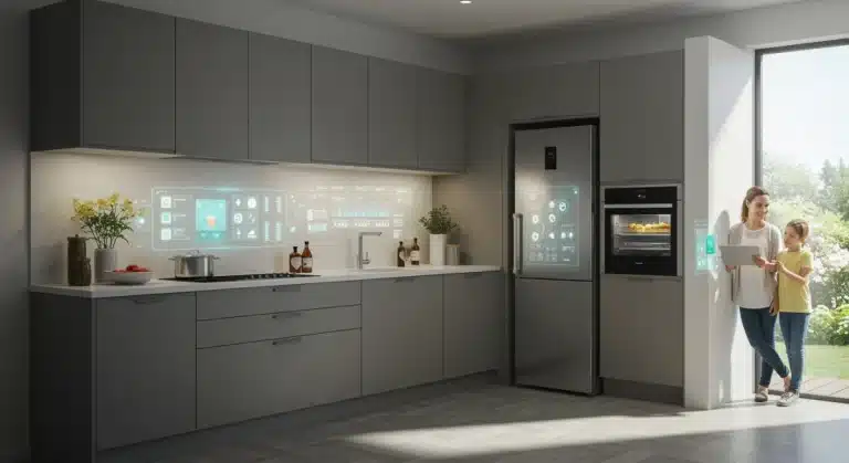 Smart kitchen appliances in 2025, showing integrated technology and energy savings