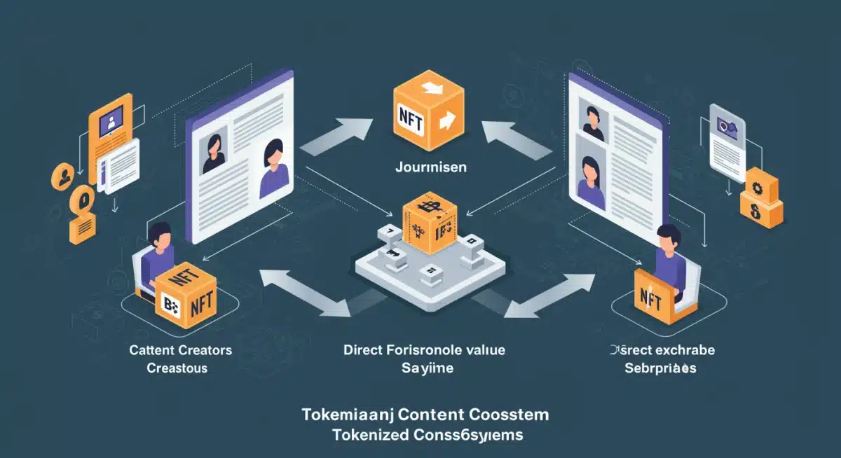 Diagram showing the flow of value in a tokenized content ecosystem, from journalist to subscriber via NFTs.