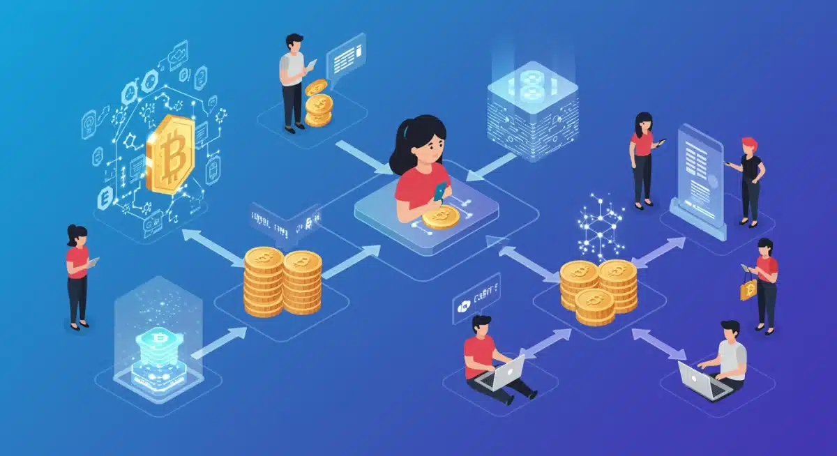 Infographic showing value flow in tokenized content ecosystem, connecting creators, smart contracts, and engaged consumers.