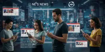 AI-powered news personalization interface on futuristic devices for US consumers in 2026, highlighting tailored content and ethical considerations.