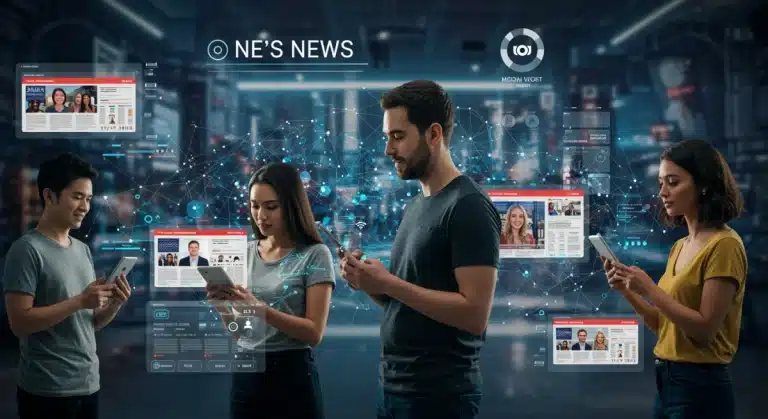 AI-powered news personalization interface on futuristic devices for US consumers in 2026, highlighting tailored content and ethical considerations.